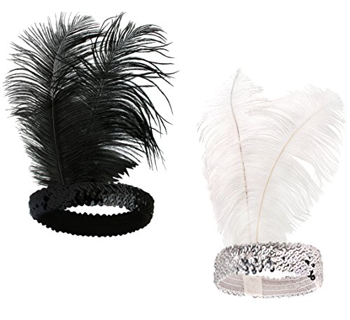 Babeyond® 1920s Stil Stirnband mit schwarzer und weißer Feder Inspiriert von Der Große Gatsby Accessoires für Damen Freie Größe (enthält zwei Stirnbänder)