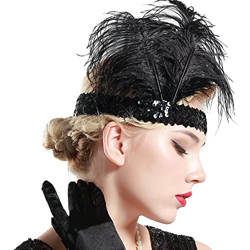 Babeyond® 1920s Stil Stirnband mit schwarzer und weißer Feder Inspiriert von Der Große Gatsby Accessoires für Damen Freie Größe (enthält zwei Stirnbänder) - 3