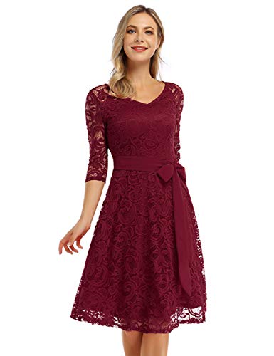 Brautjungfernkleid Knielang Langarm Spitzenkleid Cocktailkleid Bordeaux Weinrot