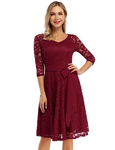 Brautjungfernkleid Knielang Langarm Spitzenkleid Cocktailkleid Bordeaux Weinrot - 2