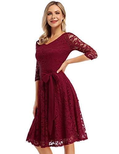 Brautjungfernkleid Knielang Langarm Spitzenkleid Cocktailkleid Bordeaux Weinrot - 4