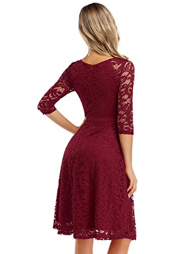 Brautjungfernkleid Knielang Langarm Spitzenkleid Cocktailkleid Bordeaux Weinrot - 5