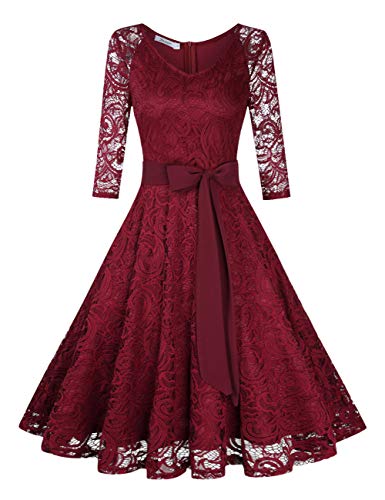 Brautjungfernkleid Knielang Langarm Spitzenkleid Cocktailkleid Bordeaux Weinrot - 6