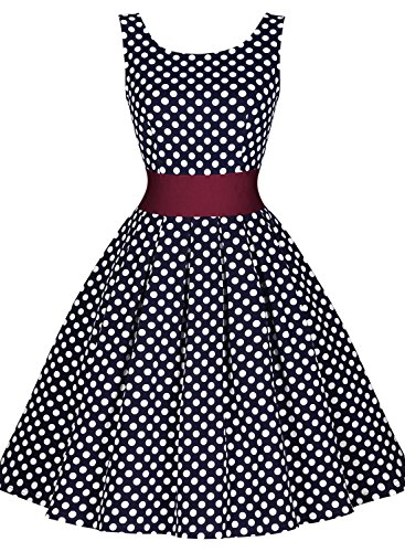 Miusol Damen Elegant Rundhals Traegerkleid 1950er Retro Polka Dots Cocktailkleid Faltenrock Kleid Blau Groesse S - 5