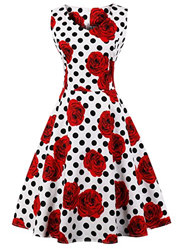 FAIRY COUPLE 50er V-Ausschnitt Rockabilly Polka Blumen Jahrgang Kleid Cocktail DRT072(S,Weiße rote Blumen-Punkte)