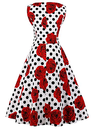 FAIRY COUPLE 50er V-Ausschnitt Rockabilly Polka Blumen Jahrgang Kleid Cocktail DRT072(S,Weiße rote Blumen-Punkte) - 2