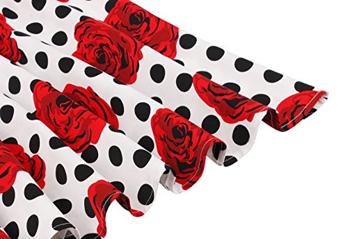 FAIRY COUPLE 50er V-Ausschnitt Rockabilly Polka Blumen Jahrgang Kleid Cocktail DRT072(S,Weiße rote Blumen-Punkte) - 5