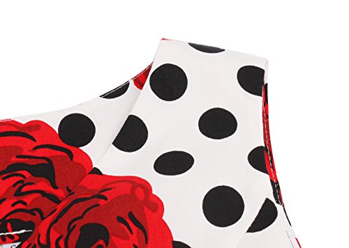 FAIRY COUPLE 50er V-Ausschnitt Rockabilly Polka Blumen Jahrgang Kleid Cocktail DRT072(S,Weiße rote Blumen-Punkte) - 6