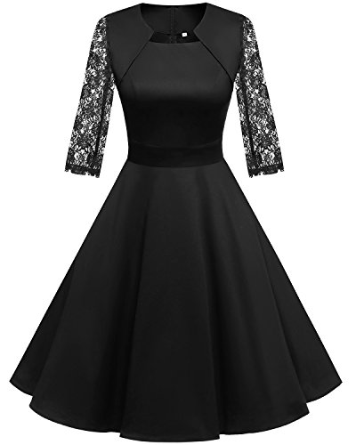 HomRain Damen 50er Vintage Retro Kleid Party Langarm Rockabilly Cocktail Abendkleider Black-1 XS