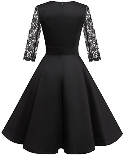 HomRain Damen 50er Vintage Retro Kleid Party Langarm Rockabilly Cocktail Abendkleider Black-1 XS - 2