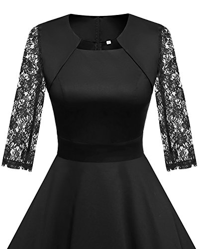 HomRain Damen 50er Vintage Retro Kleid Party Langarm Rockabilly Cocktail Abendkleider Black-1 XS - 3