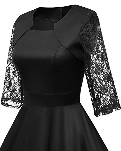 HomRain Damen 50er Vintage Retro Kleid Party Langarm Rockabilly Cocktail Abendkleider Black-1 XS - 4