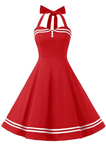 Timormode Rockabilly Kleider Neckholder 50s Vintage Kleid Retro Knielang Kleider Damenkleider Festlich Cocktailkleider 10387 Rot XS