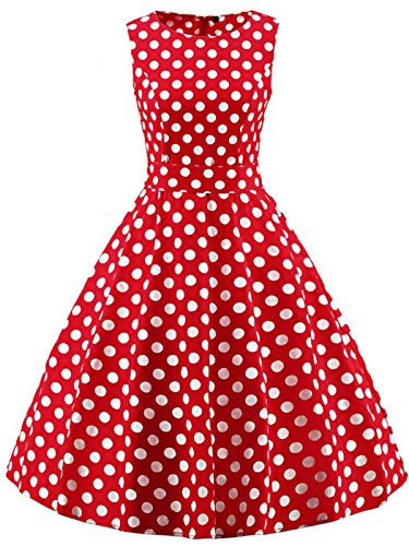 FAIRY COUPLE 50s Retro Blumen Cocktail Schwingen Party Kleid mit Bogen DRT017(2XL,Rote weiße Punkte)