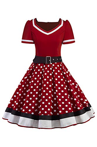 Misshow Swing Kleid Sommer Polka Dots Mädchen Kleider Tellerrock Damen, Weinrot - L