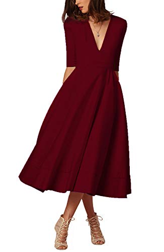 Damen sexy v-Ausschnitt Partykleid Abendkleider Cocktailkleid Elegant 1/2 arm Casual klassischer Stil Kleid lang,S-3XL, L, Weinrot