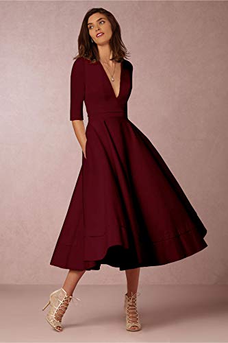Damen sexy v-Ausschnitt Partykleid Abendkleider Cocktailkleid Elegant 1/2 arm Casual klassischer Stil Kleid lang,S-3XL, L, Weinrot - 2