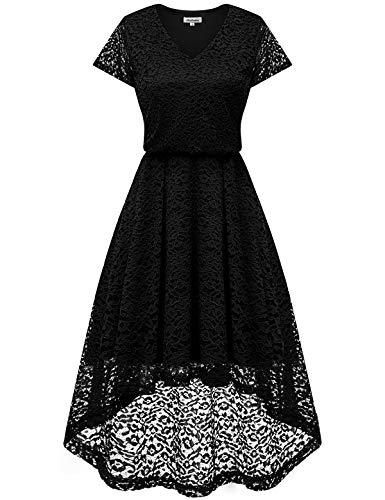 bbonlinedress Damen Elegant V Ausschnitt aus Spitzen Kurzarm Festlich Hochzeit Cocktail Party Abendkleider Black M