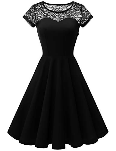 YOYAKER Damen Elagant Vintage Mit Spitzen Rundhals Kurzarm Cocktail Rockabilly Abendkleid Black XS