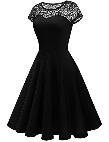 YOYAKER Damen Elagant Vintage Mit Spitzen Rundhals Kurzarm Cocktail Rockabilly Abendkleid Black XS - 3