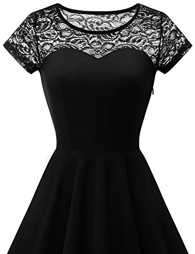 YOYAKER Damen Elagant Vintage Mit Spitzen Rundhals Kurzarm Cocktail Rockabilly Abendkleid Black XS - 4