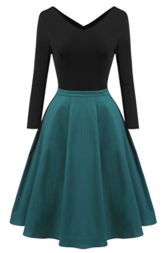 Zeagoo Damen Vintage 50er Jahre Kleid Rockabilly Cocktail Abendkleid Festliches Kleid 3/4 Ärmel V Ausschnitt A Linie Dunkelgrün XXL