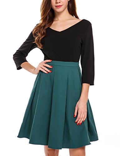 Zeagoo Damen Vintage 50er Jahre Kleid Rockabilly Cocktail Abendkleid Festliches Kleid 3/4 Ärmel V Ausschnitt A Linie Dunkelgrün XXL - 2
