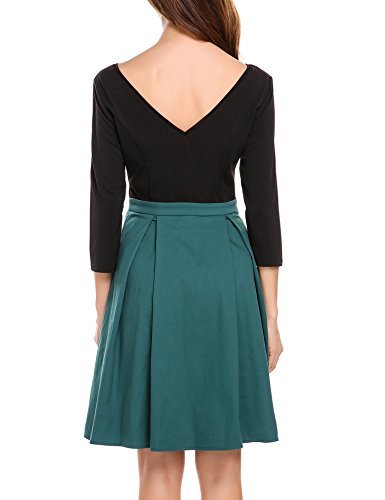 Zeagoo Damen Vintage 50er Jahre Kleid Rockabilly Cocktail Abendkleid Festliches Kleid 3/4 Ärmel V Ausschnitt A Linie Dunkelgrün XXL - 4