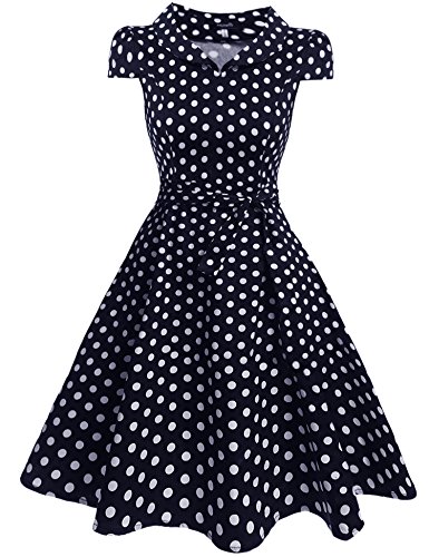 Zeagoo Damen Vintage 50er Jahre Kleid Swing Rockabilly Cocktailkleider Partykleider Sommerkleider Kurzarm mit Gürtel Blau Weiß M