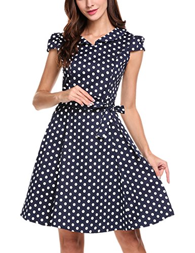 Zeagoo Damen Vintage 50er Jahre Kleid Swing Rockabilly Cocktailkleider Partykleider Sommerkleider Kurzarm mit Gürtel Blau Weiß M - 3
