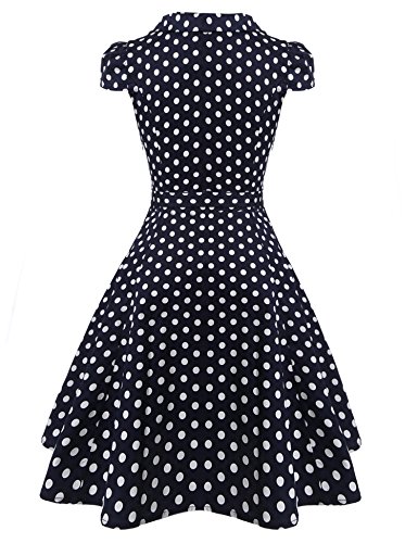 Zeagoo Damen Vintage 50er Jahre Kleid Swing Rockabilly Cocktailkleider Partykleider Sommerkleider Kurzarm mit Gürtel Blau Weiß M - 2