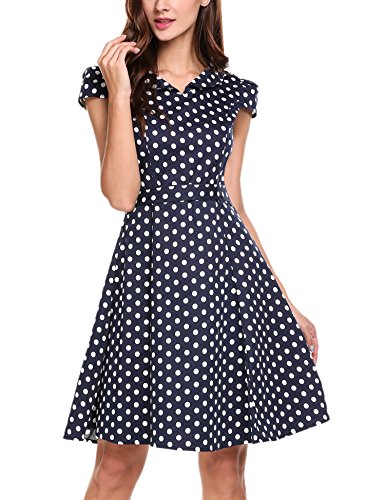 Zeagoo Damen Vintage 50er Jahre Kleid Swing Rockabilly Cocktailkleider Partykleider Sommerkleider Kurzarm mit Gürtel Blau Weiß M - 4