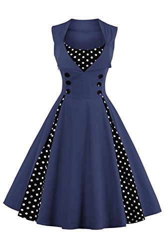 MisShow Damen Kleider 50er Jahre Stil Vintage Polka Dots Knielang Navyblau 4XL