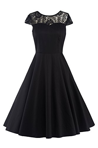 MisShow 2017 Damen Vintage Abendkleid Faltenkleid Transparenter Spitzen Hinten Frei V-Ausschnitt Ärmellos Knielang Retro Schwarz Gr.2XL