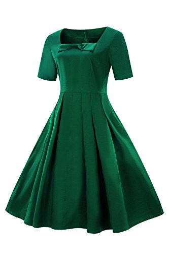 MisShow Damen Elegant 1950er Retro Vintagekleid Einfarbig Cocktailkleid Festlich Kleider Sommerkleid Knielang Grün Gr.S - 3