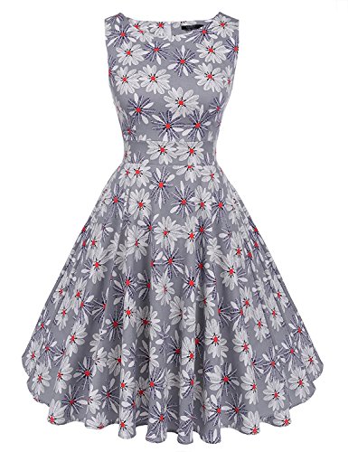 MisShow Damen Festliche Rundausschnitt ärmellos 50s 60er Retro Kleid Vintage Blumenkleid Rockabilly Kleid Partykleider Cocktailkleider Grau Gr.S