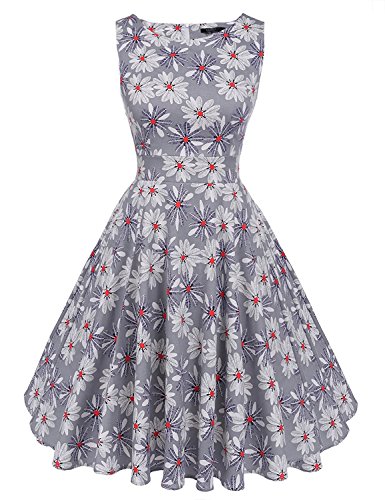 MisShow Damen Festliche Rundausschnitt ärmellos 50s 60er Retro Kleid Vintage Blumenkleid Rockabilly Kleid Partykleider Cocktailkleider Grau Gr.S