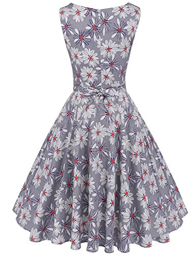 MisShow Damen Festliche Rundausschnitt ärmellos 50s 60er Retro Kleid Vintage Blumenkleid Rockabilly Kleid Partykleider Cocktailkleider Grau Gr.S - 2