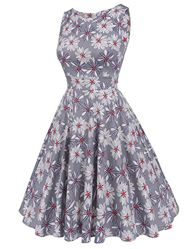 MisShow Damen Festliche Rundausschnitt ärmellos 50s 60er Retro Kleid Vintage Blumenkleid Rockabilly Kleid Partykleider Cocktailkleider Grau Gr.S - 3