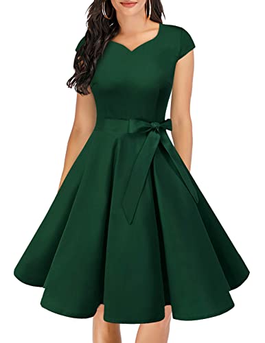 Dresstells Damen 50er Vintage Retro Cap Sleeves Rockabilly Kleider Hepburn Stil Cocktailkleider DarkGreen 2XL