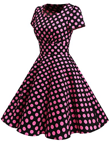 Dresstells Damen Vintage 50er Rockabilly Kurzarm Swing Kleider Partykleid Black Big Pink Dot S - 2