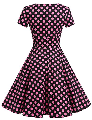 Dresstells Damen Vintage 50er Rockabilly Kurzarm Swing Kleider Partykleid Black Big Pink Dot S - 3
