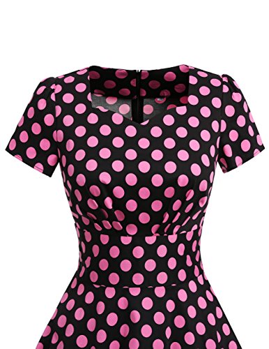 Dresstells Damen Vintage 50er Rockabilly Kurzarm Swing Kleider Partykleid Black Big Pink Dot S - 5