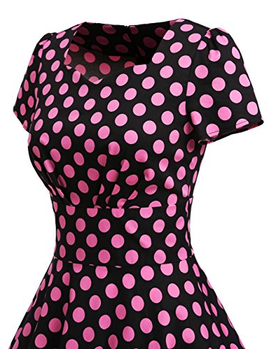 Dresstells Damen Vintage 50er Rockabilly Kurzarm Swing Kleider Partykleid Black Big Pink Dot S - 6