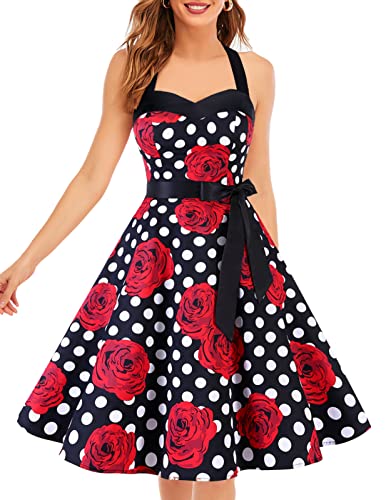 Dresstells Neckholder Rockabilly 1950er Polka Dots Punkte Vintage Retro Cocktailkleid Petticoat Faltenrock Black Red Rose Dot M