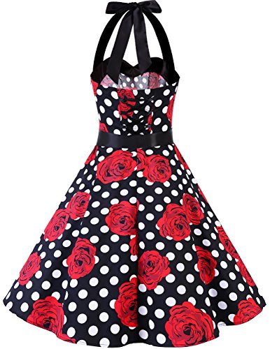 Dresstells Neckholder Rockabilly 1950er Polka Dots Punkte Vintage Retro Cocktailkleid Petticoat Faltenrock Black Red Rose Dot M - 3