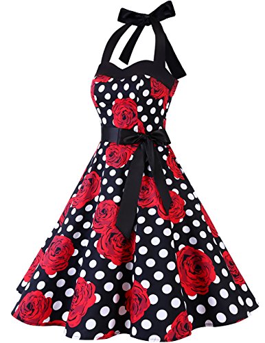 Dresstells Neckholder Rockabilly 1950er Polka Dots Punkte Vintage Retro Cocktailkleid Petticoat Faltenrock Black Red Rose Dot M - 4