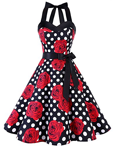 Dresstells Neckholder Rockabilly 1950er Polka Dots Punkte Vintage Retro Cocktailkleid Petticoat Faltenrock Black Red Rose Dot M - 2