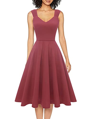 Dresstells Damen 1950er Midi Rockabilly Kleid Vintage V-Ausschnitt Cocktailkleid Faltenrock Raspberry XL