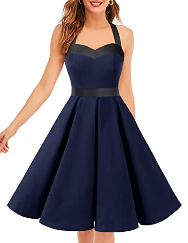 Dresstells Damen Neckholder 1950er Vintage Retro Rockabilly Kleider Petticoat Faltenrock Cocktail Festliche Kleider Navy Black M